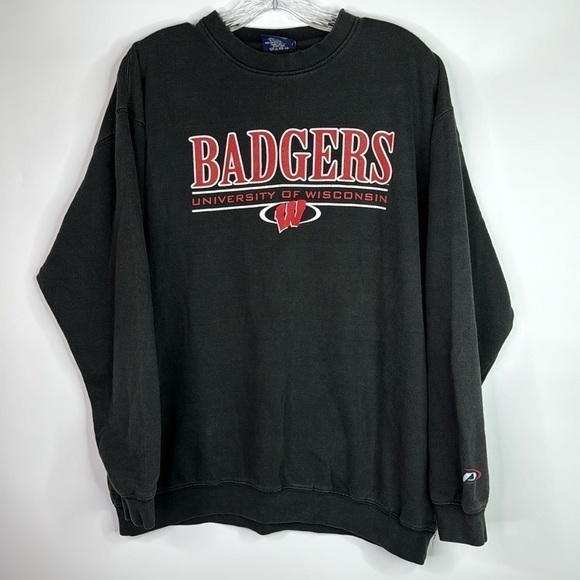 Vintage Pro Player UW Badgers Wisconsin Black Crew Sweatshirt XL 90s - Picture 1 of 10